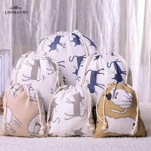 1pc Cute Cartoon Cotton Drawstring Shopping Bag Eco Reusable Folding Grocery Cloth Underwear Case Travel Home Storage Bag New