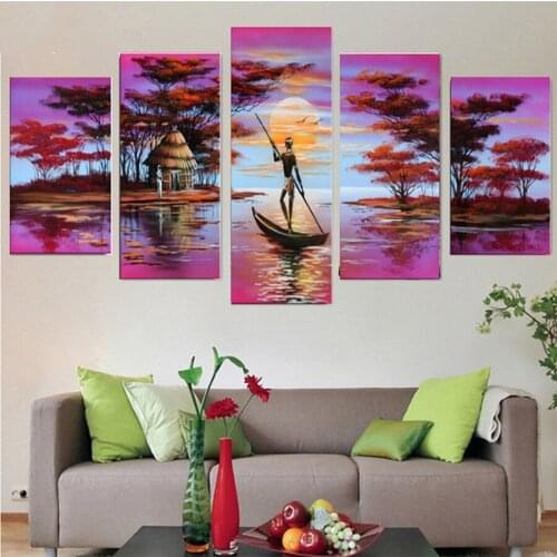 Multi-pictures 5 Pieces diamond Painting cross stitch home Decor full Diamond Mosaic Embroidery 5d sunset,cottage,boatman image