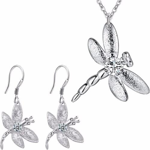 Losing money silver color jewelry sets necklace 18 inches sterling dragonfly womens children cz stone shining jewelry CYPRIS
