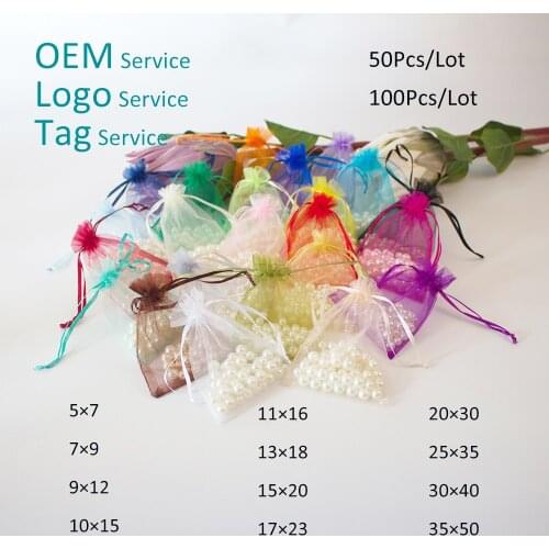 50Pcs 11X16 13X18 15X20 17X23 Organza Bag For Jewelry Packing Drawstring Organza Pouch For Wig Lash Can Customized Logo