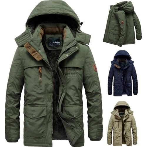 6XL Plus Men Autumn New Outwear Casual Long Thick Fleece Warm Parkas Jacket Coat Men Winter Vintage Hat Pockets Parka Trench Men