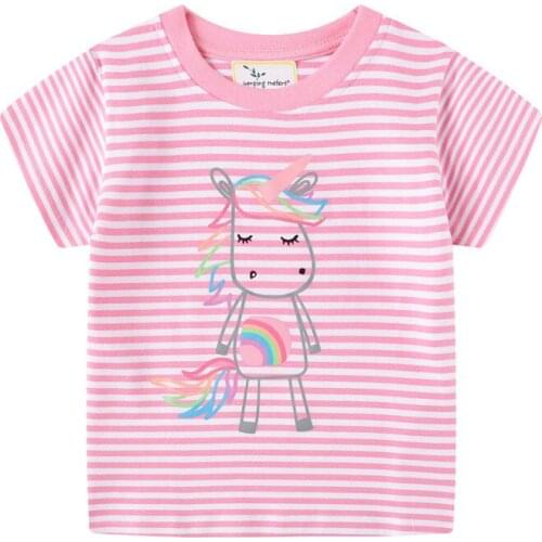 Girls Pink Cotton T shirts for Summer Stripe Children Clothes Animals Print New 2021 Kids Tops Tees