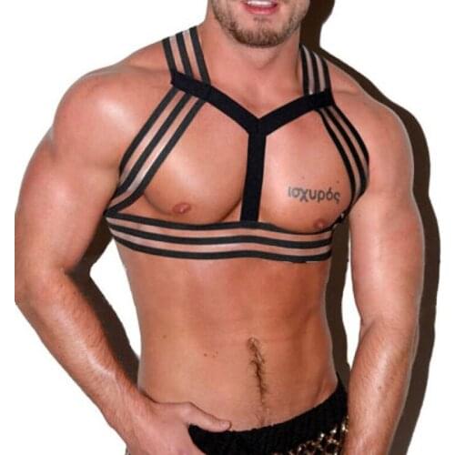 Sexy Men Stripe Bandage Short Tops Straps Short Shirt Tank Top Bandage Hollow Out Tops Harness Male Gay Lingerie Gay Wear F19