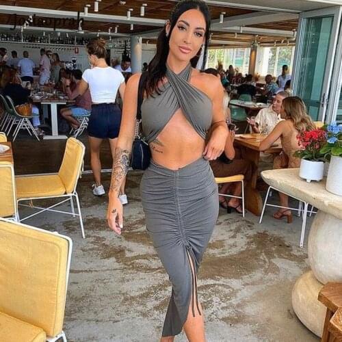 Josiaoprah Sexy Party Dress Women Halter Hollow Out Twist Midi Dresses Summer Solid Color Drawstring Casual Split Beach Dress