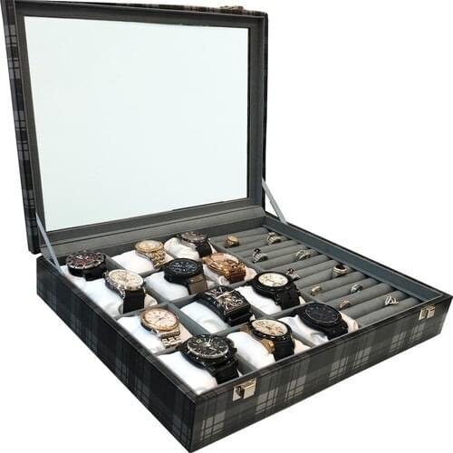 Standmarket 12'li Plated Watch And Jewelry Box Gray Plaid In-Black