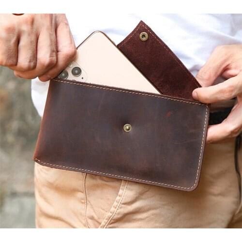 Sports Waist Bag Running Cowhide Mobile Phone Mens Retro Leather Mens Belt Cross-Section Crazy Horse Leather Belt Bag