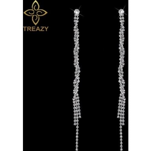 TREAZY Bling Super Long Wedding Dangle Earrings for Women Crystal Rhinestone Bridal Tassel Earrings Brincos Jewelry Gift