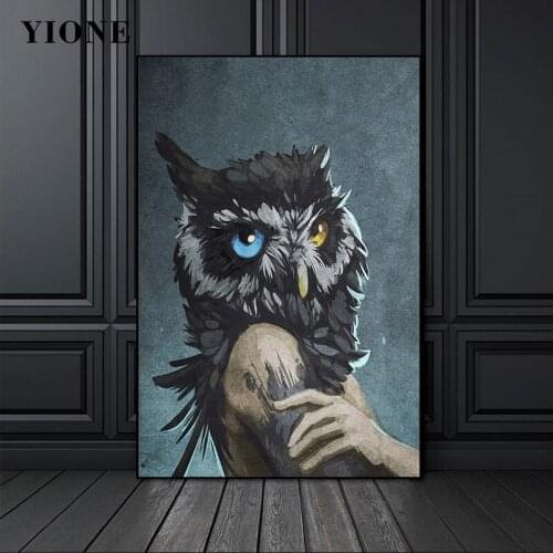 Owl Girl Art Prints Custom Abstract Woman with Blue Yellow Pupil Animal Head Canvas Picture Wall Poster Home Decoration Painting