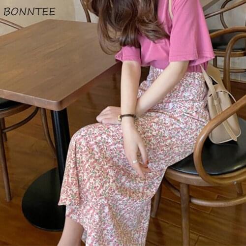Skirts Women Floral Pink Mid-Calf Korean A-Line Empire Slim Elegant All-match Temperament Stylish Summer Plus Size Causal Faldas