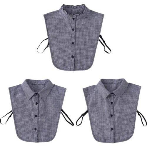 Women Student Ruffled Lapel Cotton False Fake Collar Vintage Houndstooth Printed Button Down Detachable Half Shirt Blouse Decor