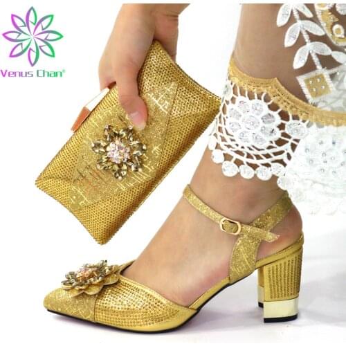 Gold Color 2021 Special Design Nigerian Women Shoes and Bag to Match Italian Style African Ladies Party Shoes Matching Bag