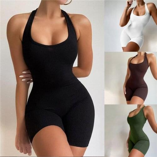 2021 Women Romper Sleeveless Halter Solid Backless Ribbed Skinny Bodycon Playsuit Autumn Winter Streetwear Casual Mature