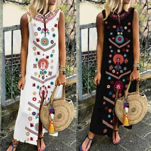 Plus Size Women 2019 Summer Floral Print Boho O Neck Sleeveless Party Evening Beach Dress Long Maxi Sundress