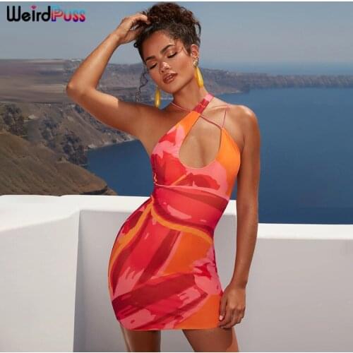 Weird Puss Sexy Skinny Women Dress Cross Backless Sleeveless Stretch Print Bodycon Hollow Sexy Party Clubwear Vacation Outfits