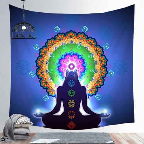 1PC Buddha Statue Meditation 7 Chakra Tapestry Wall Hanging Mandala Tapestries Wall Cloth Yoga Carpet Decor Smooth Small