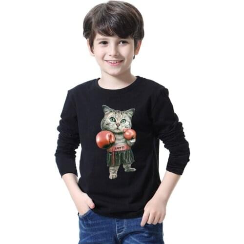 2021 Children Funny Boxer Cat Funny T-Shirts Kids Spring Top Girls Boys Long Sleeve Clothes Baby T shirt LCB29