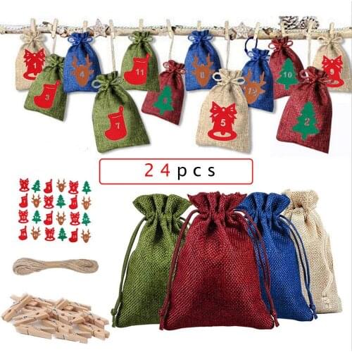 24PCS Christmas Gift Bags Calendar Countdown Jute Bag Advent Calendar Christmas Gift Bag Candy Storage Pouch DIY Christmas Gift