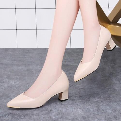 5cm High-heeled shoes 2021 Med-heeled womens shoes Office professional pointed leather shoes shallow to work Slip-On Modern