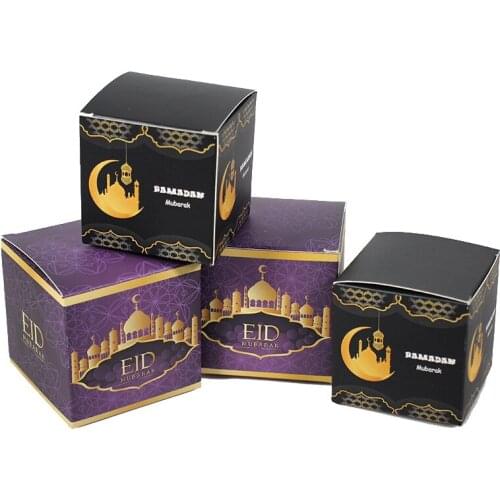 50pcs/set Purple Black Eid Mubarak Square Candy Boxes Ramadan Mubarak Chocolate Gift Box Muslim Festival Decoration Supplies