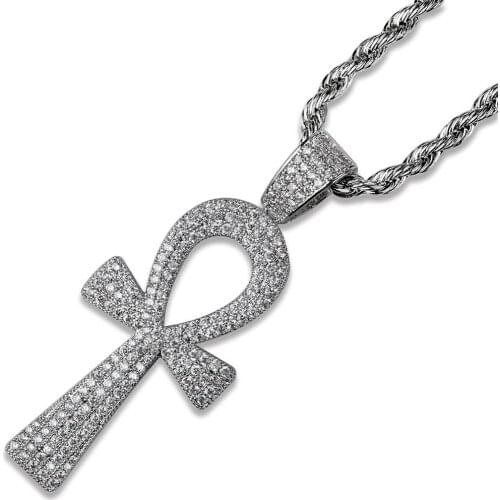 AAA+ Cubic Zirconia Paved Iced Out Bling Life Key Ankh Cross Pendants Necklace for Men Women Hip Hop Jewelry Gold Silver Color