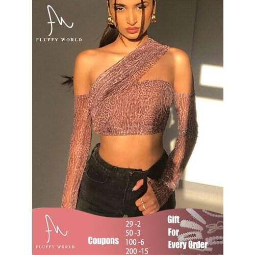 Women Mesh Blouse Long Sleeve Top Sexy Vintage Print Shirt Halter Slanted Shoulder Collar Slim Tank Tops Summer 2021 Streetwear