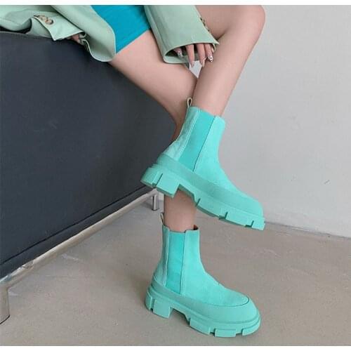 2020 Warm Fur Ankle Boots For Women Slip On Women Chelsea Boots Black Leather Chunky Heel Platform Boots Women Winter Shoes