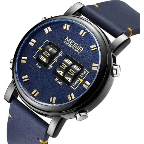 MEGIR 2137 Watch Creative Drum Roller Dial Quartz Watches Men Wrist Band Military Sport Leather Wristwatches Relogio Masculino