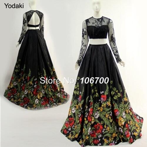 Two Pieces Black Lace Print Evening Dresses Long Sleeves Open Back Sheer Illusion Pleat Ruched Long Pageant Prom Gowns 2018 907