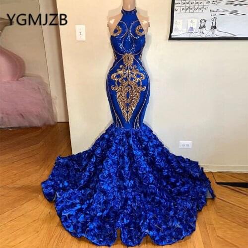 Black Girl Royal Blue Mermaid Evening Dresses High Neck Lace 3D Flowers Train Prom Gown 2019 African Women Formal Party Dress