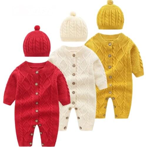 New Baby Rompers Knitted Newborn Boy Jumpsuit With Hat Outfits Long Sleeve Autumn Infant Girl Overalls Winter Warm Children Wear
