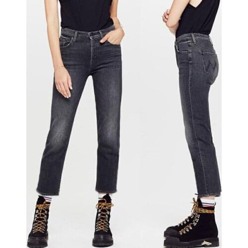 Spring and Autumn New Style Fashion Classic Black Grey High Waist Elastic Straight Pants Slim Versatile Nine Point Jeans