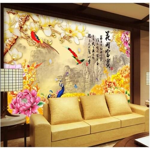 Custom photo wallpaper 3d mural wallpaper for walls 3d Modern pastoral flowers peacock peony jade carving TV background wall