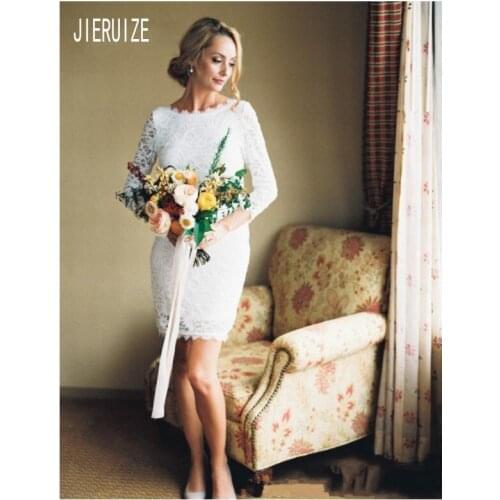 JIERUIZE Modern Short Beach Wedding Dresses Backless Scoop Neck Long Sleeves Full Lace Bridal Gowns Above Knee vestido de noiva