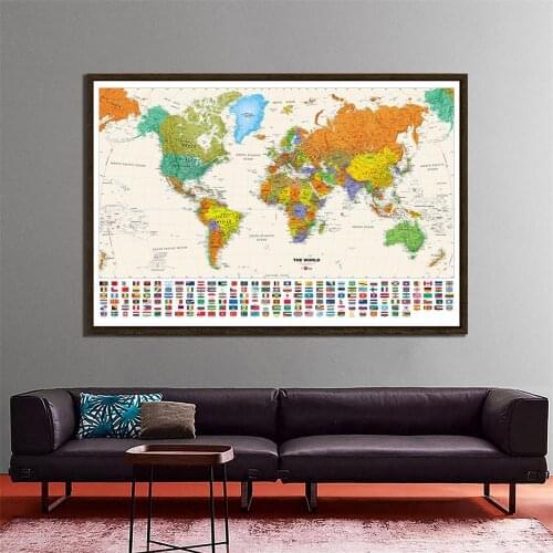 150x225cm The World Physical Map With National Flags Non-woven Waterproof Map For Beginner