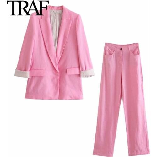 Traf Za Clothes Spring Autumn 2021 Pink Pants Sets French Fashion 2 Piece Set Women Chic Office Blazers Suit Costume Femme