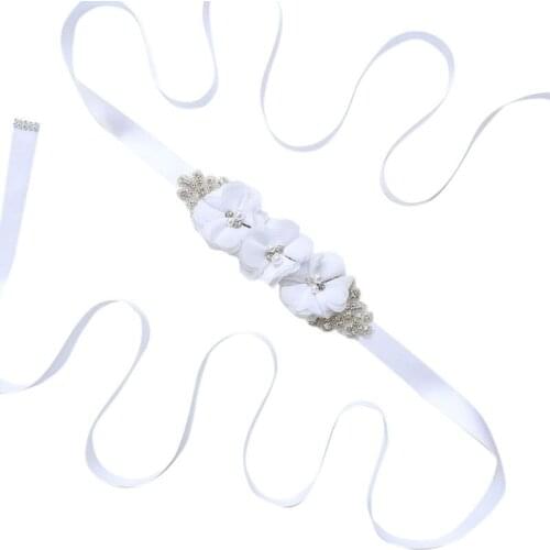 L5YC 270x2cm Womens Elegant Three Flower Sash Rhinestone Beaded Waistband Bridal Ribbon Cummerbunds Wedding Dress Waist Belt 12