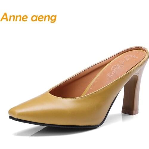 Summer women slippers high heel pointed toe casual elegant ladies slippers outside Mules women shoes Beige black big size 33-46
