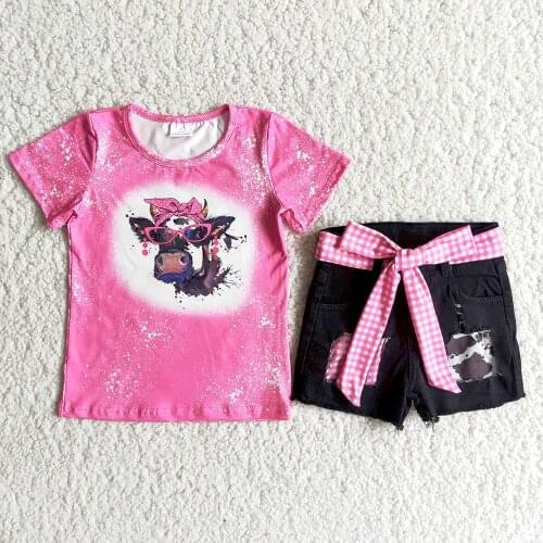 Fashion Kids Pink Color Top Match Black Denim Shorts Cute Heifer Pattern Outfit For Baby Girls High Quality Clothes With Belt