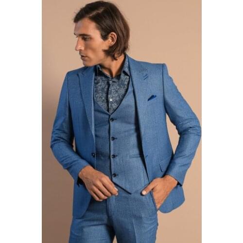 Patterned Peak Lapel Blue Mens Suit