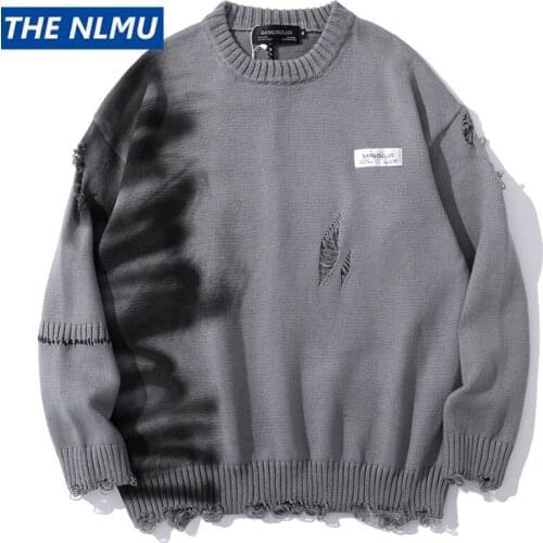 Ripped Destroyed Holes Distressed Sweaters Mens Knitted Pullover Sweater Male Hip Hop Fashion Loose Sweater Streetwear WY923