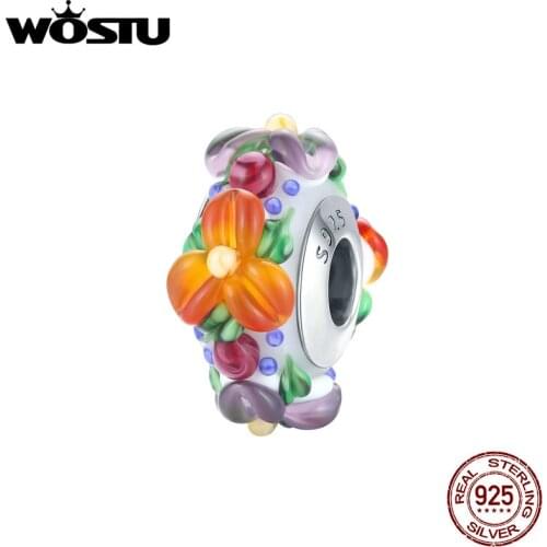 WOSTU 100% 925 Sterling Silver Colorful Flowers Charm Glass Beads Fit Original Bracelet Necklace Pendant DIY Jewelry CQC1720