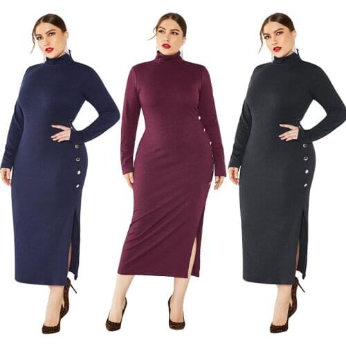 Autumn Womens Solid Color Side Slit Sexy Sweater Skirt Long Sleeve Elastic Slim Collar Knit Dress BodyconPlus Size Clothing