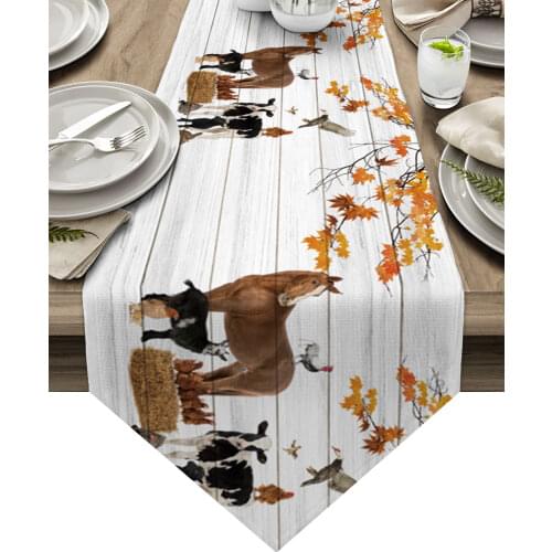 Autumn Horse Cow Deciduous Wood Grain Table Runners Wedding Decoration Table Cover Christmas Decorations for Home Table Cloth