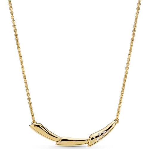 Authentic 925 Sterling Silver Gold Shine Flower Stem Fashion Necklace Fit Pandora Women Bead Charm Gift DIY Jewelry