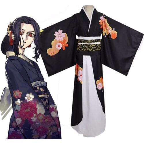 Demon Slayer Kimetsu no Yaiba Kibutsuji Muzan Cosplay Costume Women Black Kimono Uniform Halloween Carnaval Party Costume