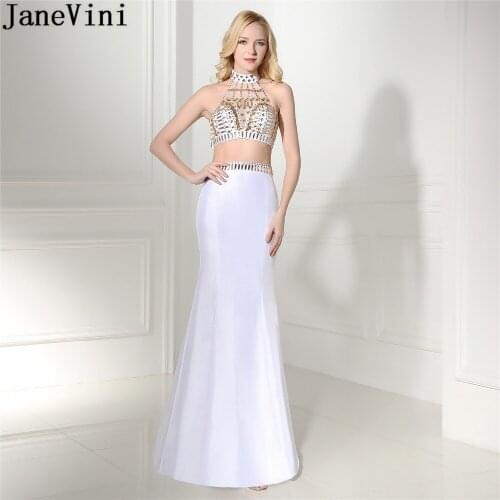 JaneVini 2018 White And Gold Prom Dress Long Crystal Beaded High Neck Mermaid Bridesmaid Wedding Party Dresses Plus Size 2 Piece