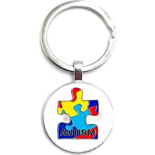 2020 New Arrival Puzzle Piece Love Heart Keychain Autism Awareness Colorful Puzzle Glass Cabochon Key Ring Family Gift