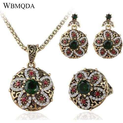 3 Pcs/lot 2018 Hot Fashion Vintage Flower Crystal Necklace Earrings Ring Ethnic Gold Boho Engagement Jewelry Sets For Women