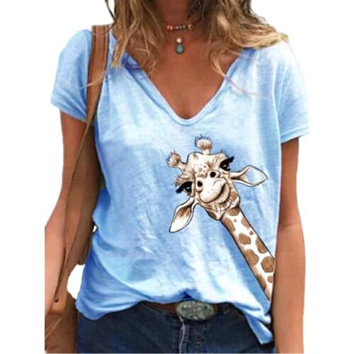 3XL Plus Size Tops Women Short Sleeve V-Neck Deer T Shirt Summer 2021 New Casual Loose Ladies Cotton Tee Top Oversized Clothes