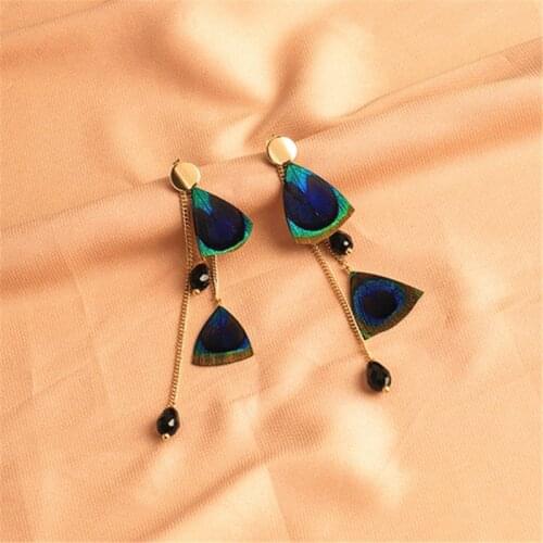 Bohemia Tassel Peacock Feather Drop Earrings for Women New Geometric Round Black Glass Fashion Jewelry Accessories Free Shipping